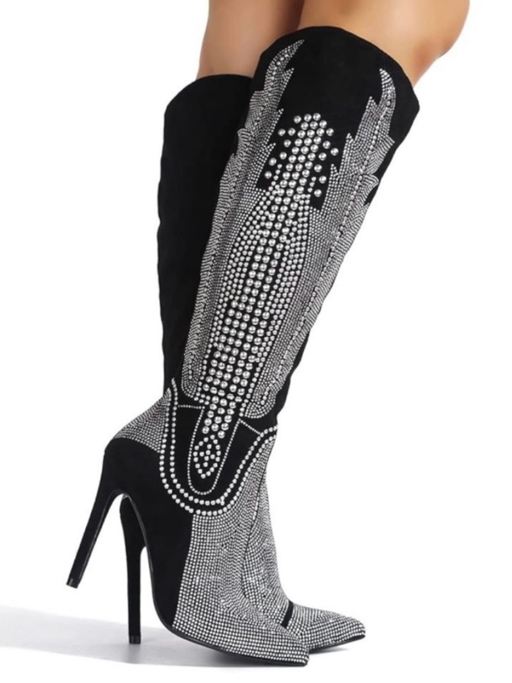 Cape Robbin olkley cowboy Rhinestone Embellished Black Knee-High Stiletto Boots